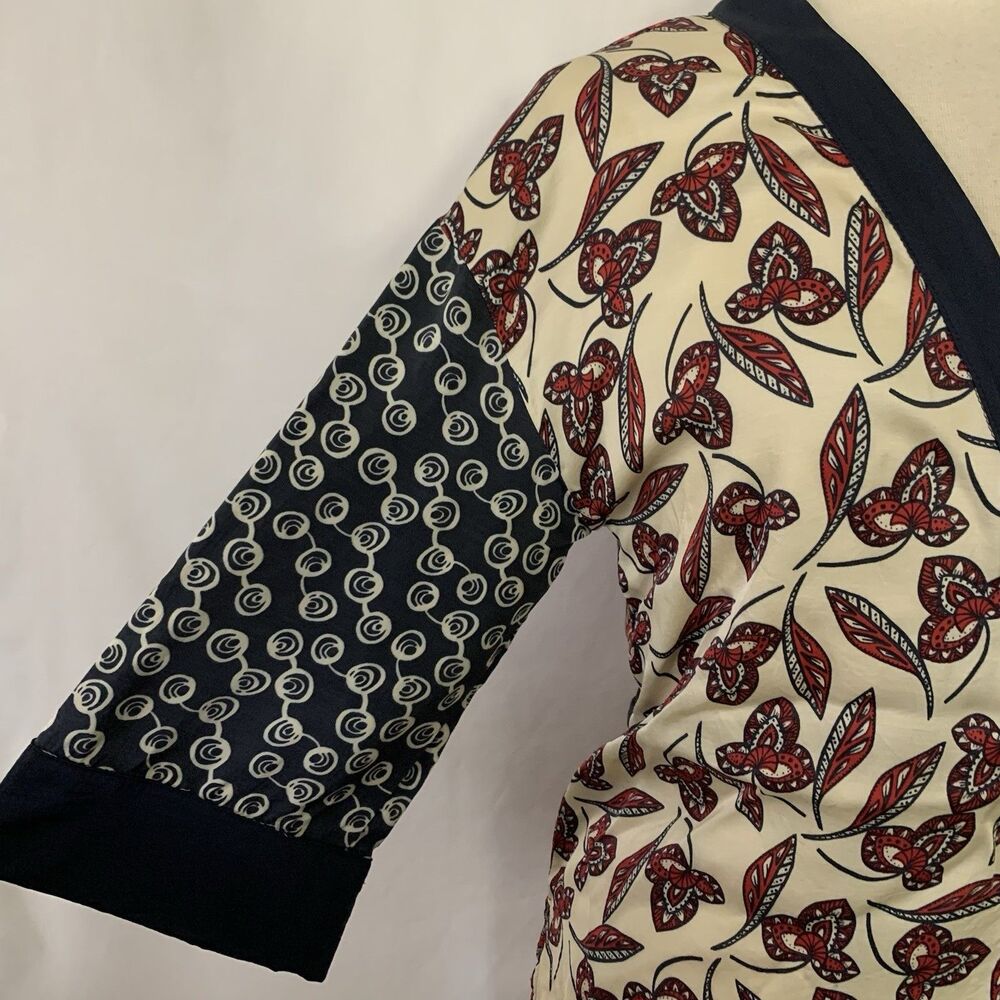 Anthropologie Meadow Rue Blouse Size S Navy Red Floral Wrap Kimono Style Boho - Picture 5 of 9